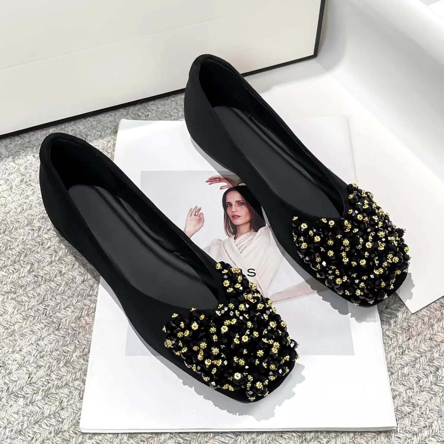 SAILING LU Womens Rhinestones Square Toe Ballet Flats Dressy Comfortable Flat Shoes Wedding Elegant Slip-Ons for Women