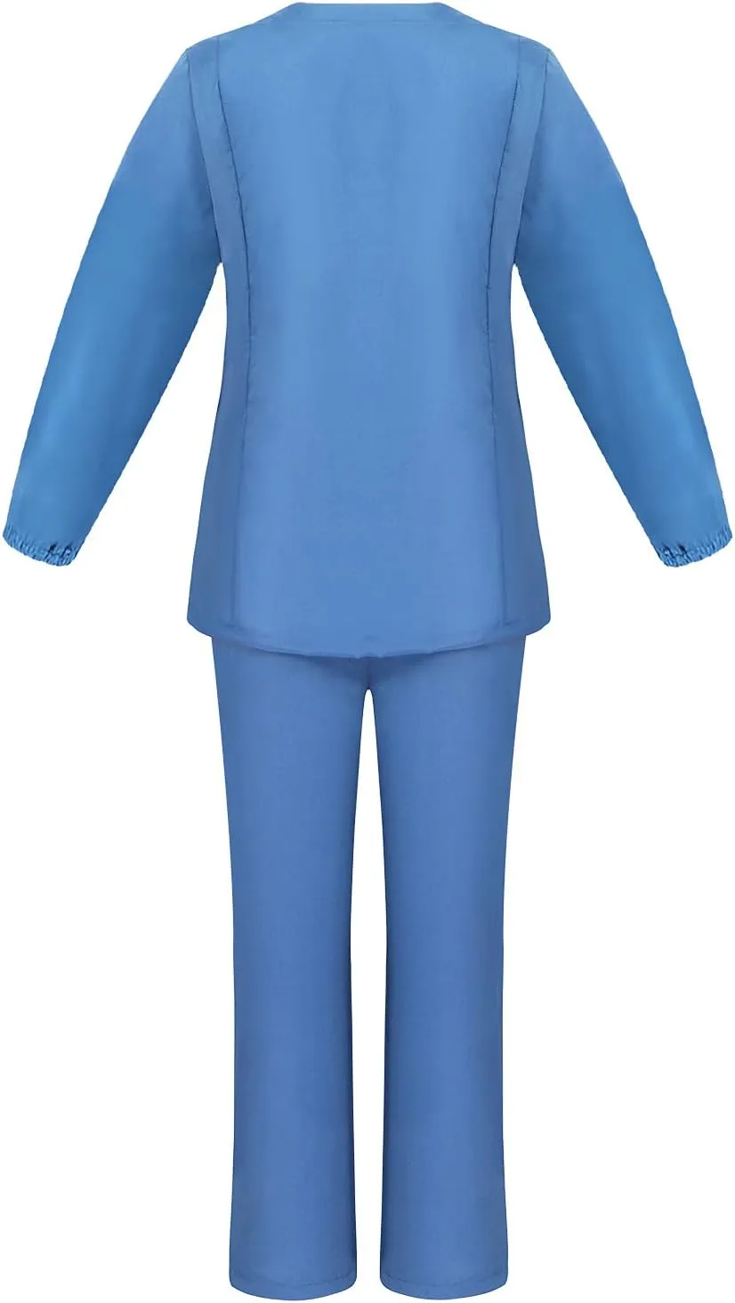 Scrubs for Women Set Summer Long Sleeve Nursing Uniform with Pocket Two Piece Stretch V Neck Holiday Tee Shirt Tunics