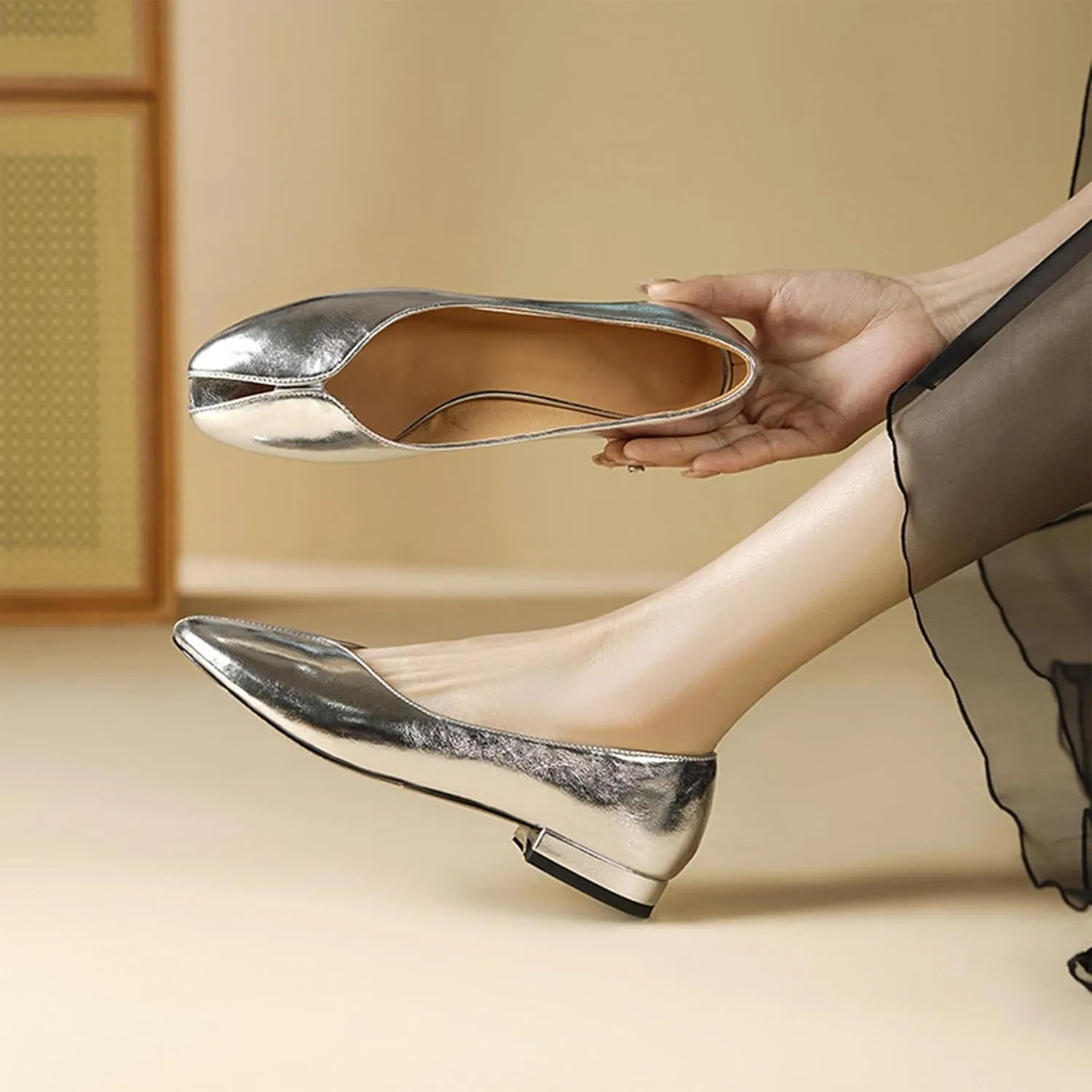 Silver Ballet Flats Shoes for Women,Metallic Peep Toe Low Heel Ballerina Shoes,Slip on Trendy Casual Comfortable Work Daily Dress Pumps Shoes