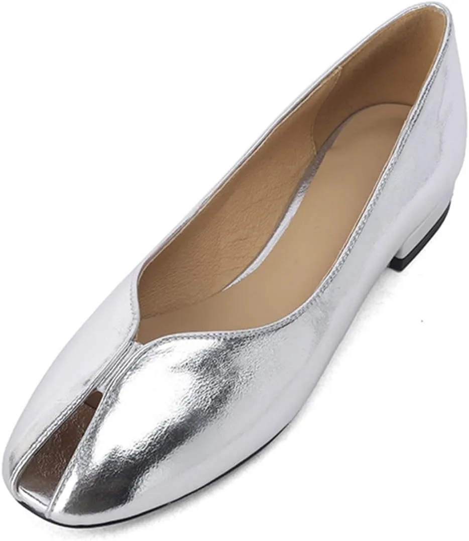 Silver Ballet Flats Shoes for Women,Metallic Peep Toe Low Heel Ballerina Shoes,Slip on Trendy Casual Comfortable Work Daily Dress Pumps Shoes