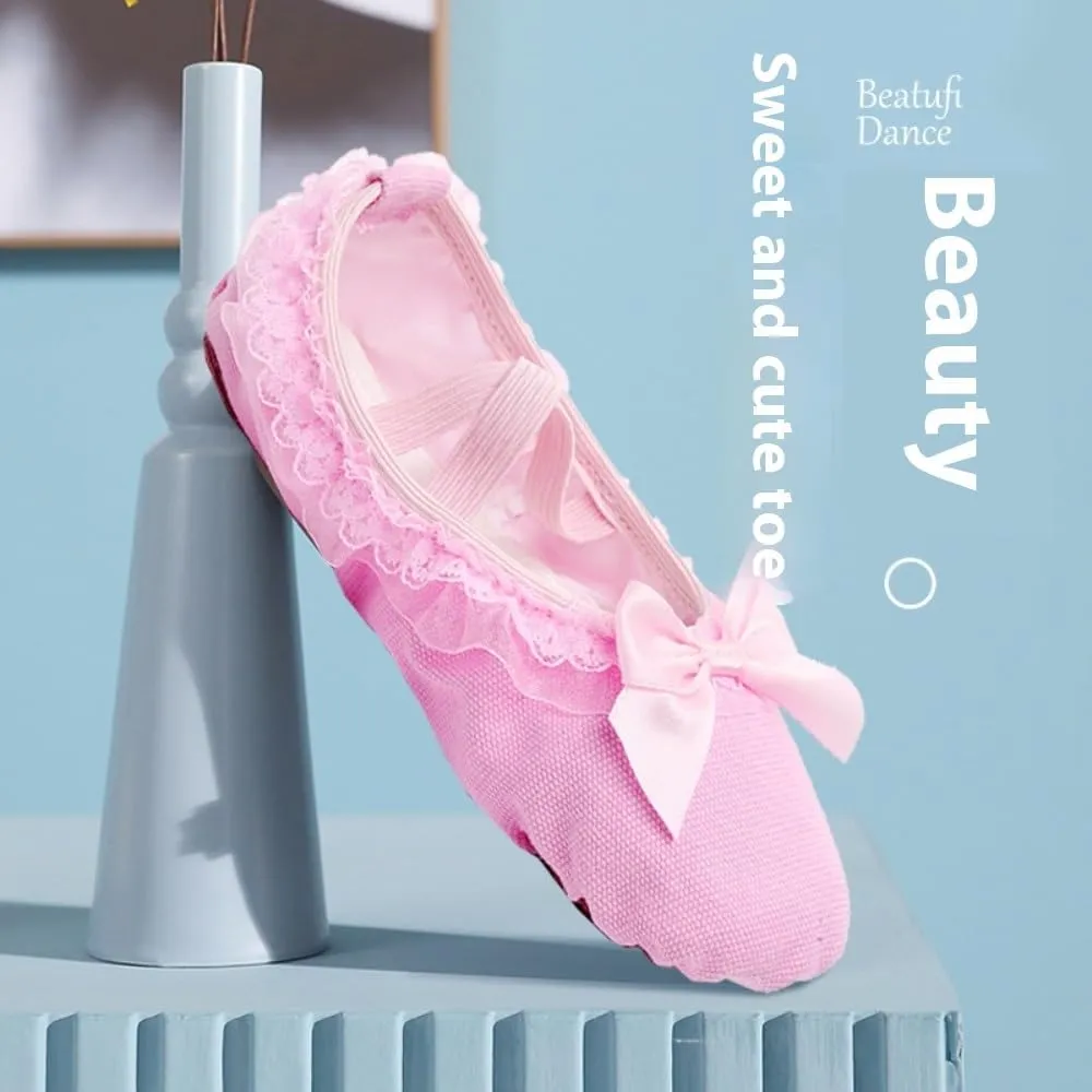 Soft Soled Dance Shoes - Bow Tie Lace Canvas Ballet Shoes & Ballet Flats for Girls Perfect for Toddler/Little Kid/Big Kid