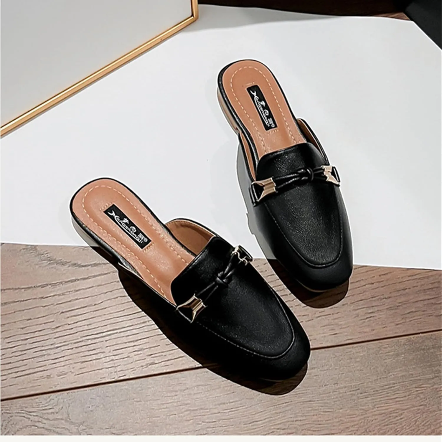 SywzX&xfybz Buckle Mules for Women Round Toe Slippers Backless Flat Mules Slides Mules Shoes Ladies Slip-on Loafers