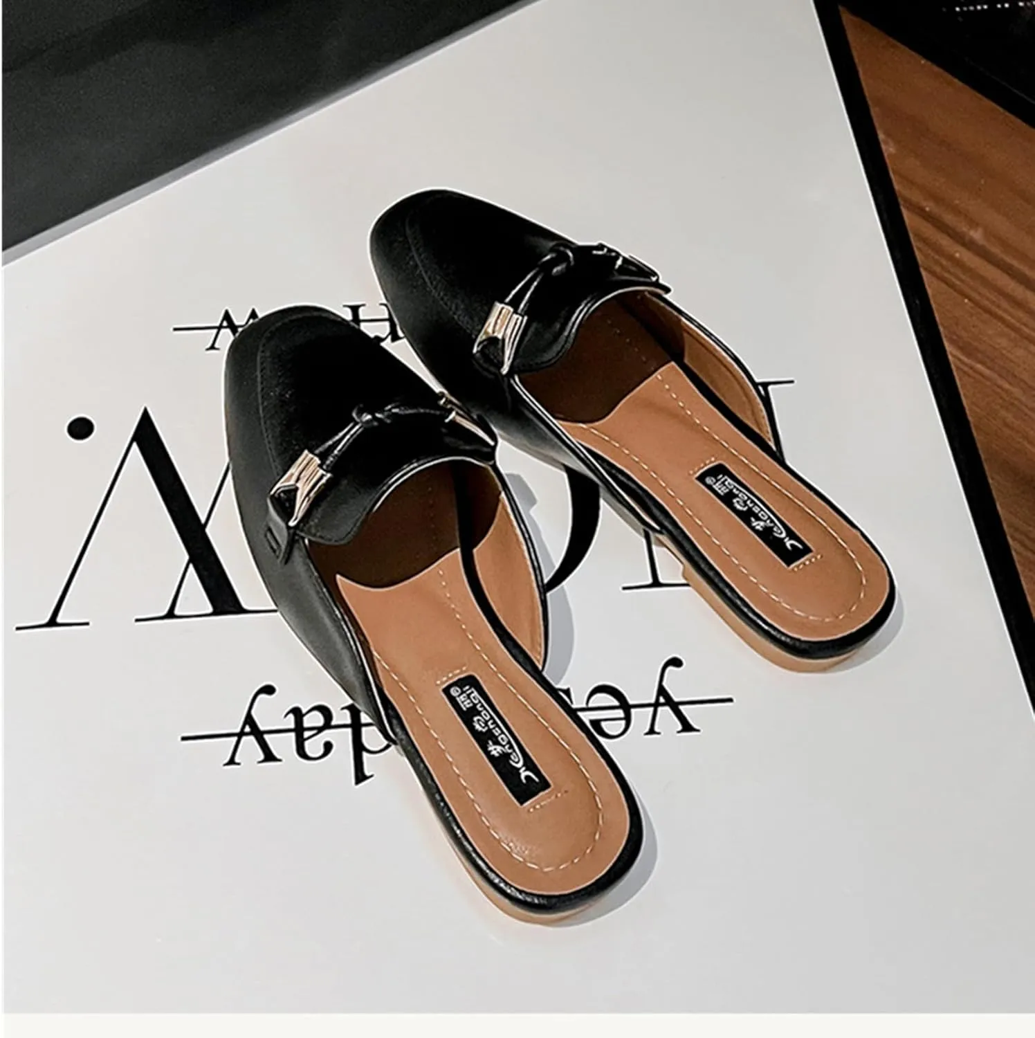 SywzX&xfybz Buckle Mules for Women Round Toe Slippers Backless Flat Mules Slides Mules Shoes Ladies Slip-on Loafers