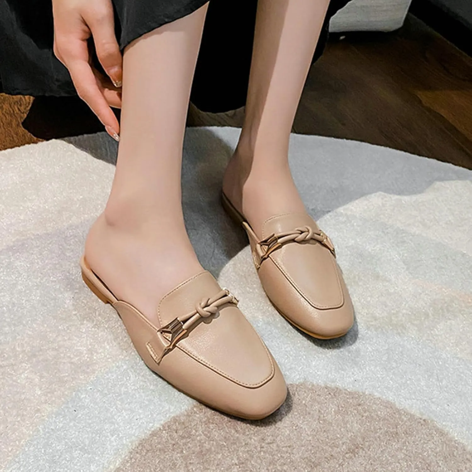 SywzX&xfybz Buckle Mules for Women Round Toe Slippers Backless Flat Mules Slides Mules Shoes Ladies Slip-on Loafers