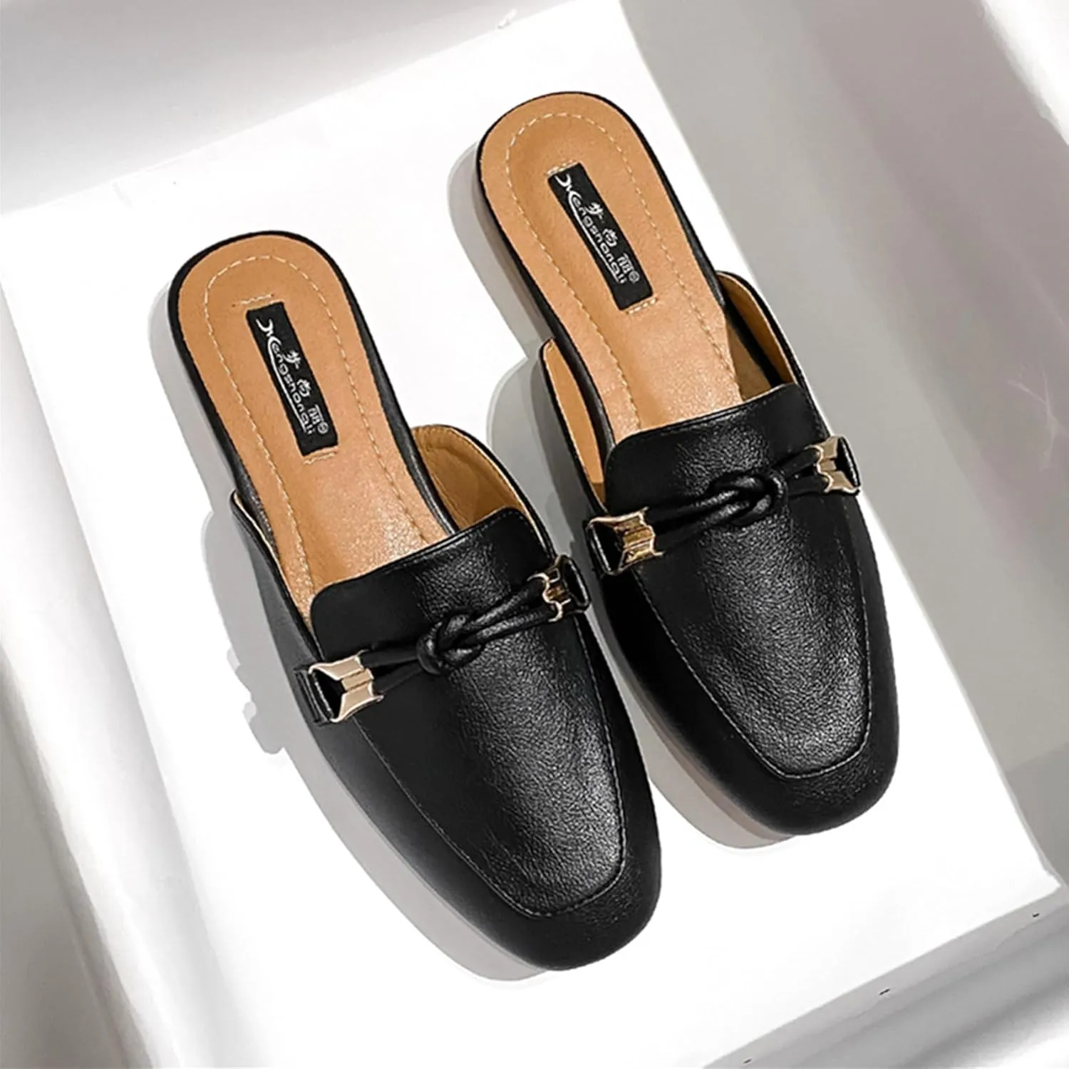 SywzX&xfybz Buckle Mules for Women Round Toe Slippers Backless Flat Mules Slides Mules Shoes Ladies Slip-on Loafers