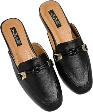 SywzX&xfybz Buckle Mules for Women Round Toe Slippers Backless Flat Mules Slides Mules Shoes Ladies Slip-on Loafers