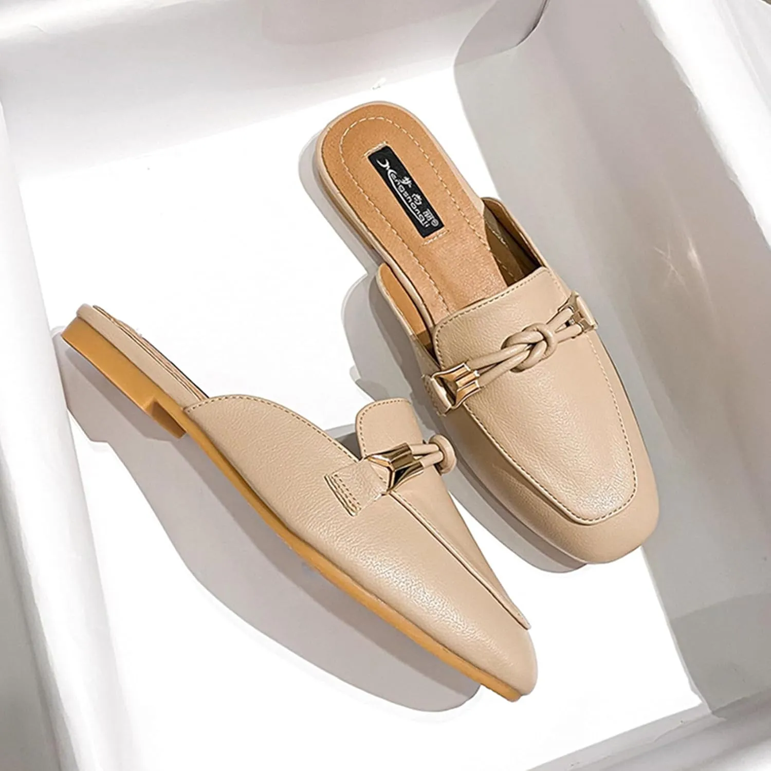 SywzX&xfybz Buckle Mules for Women Round Toe Slippers Backless Flat Mules Slides Mules Shoes Ladies Slip-on Loafers