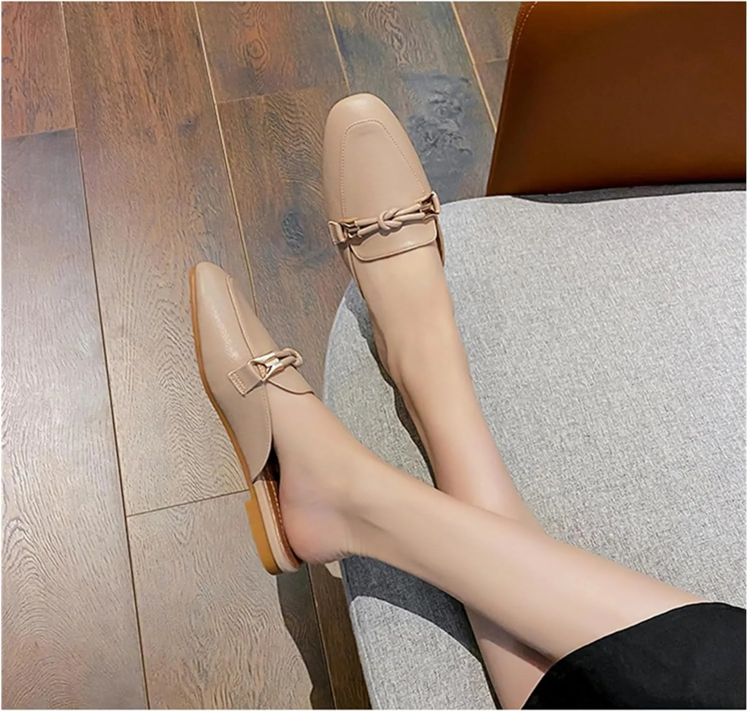 SywzX&xfybz Buckle Mules for Women Round Toe Slippers Backless Flat Mules Slides Mules Shoes Ladies Slip-on Loafers