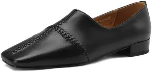 TinaCus Genuine Leather Women's Square Toe Handmade Stitch Comfortable Slip On Flat Shoes
