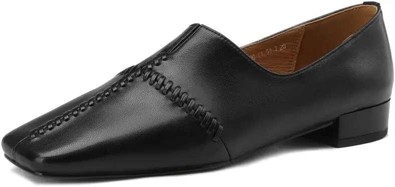 TinaCus Genuine Leather Women's Square Toe Handmade Stitch Comfortable Slip On Flat Shoes