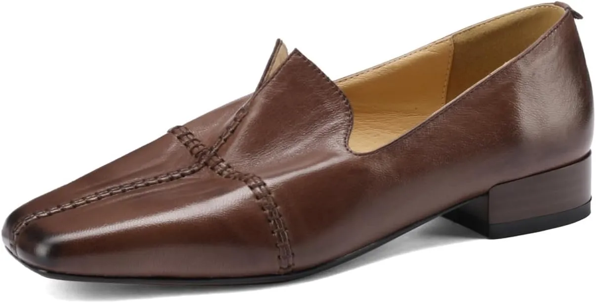 TinaCus Women's Square Toe Soft Genuine Leather Handmade Slip on Flat Loafers Shoes