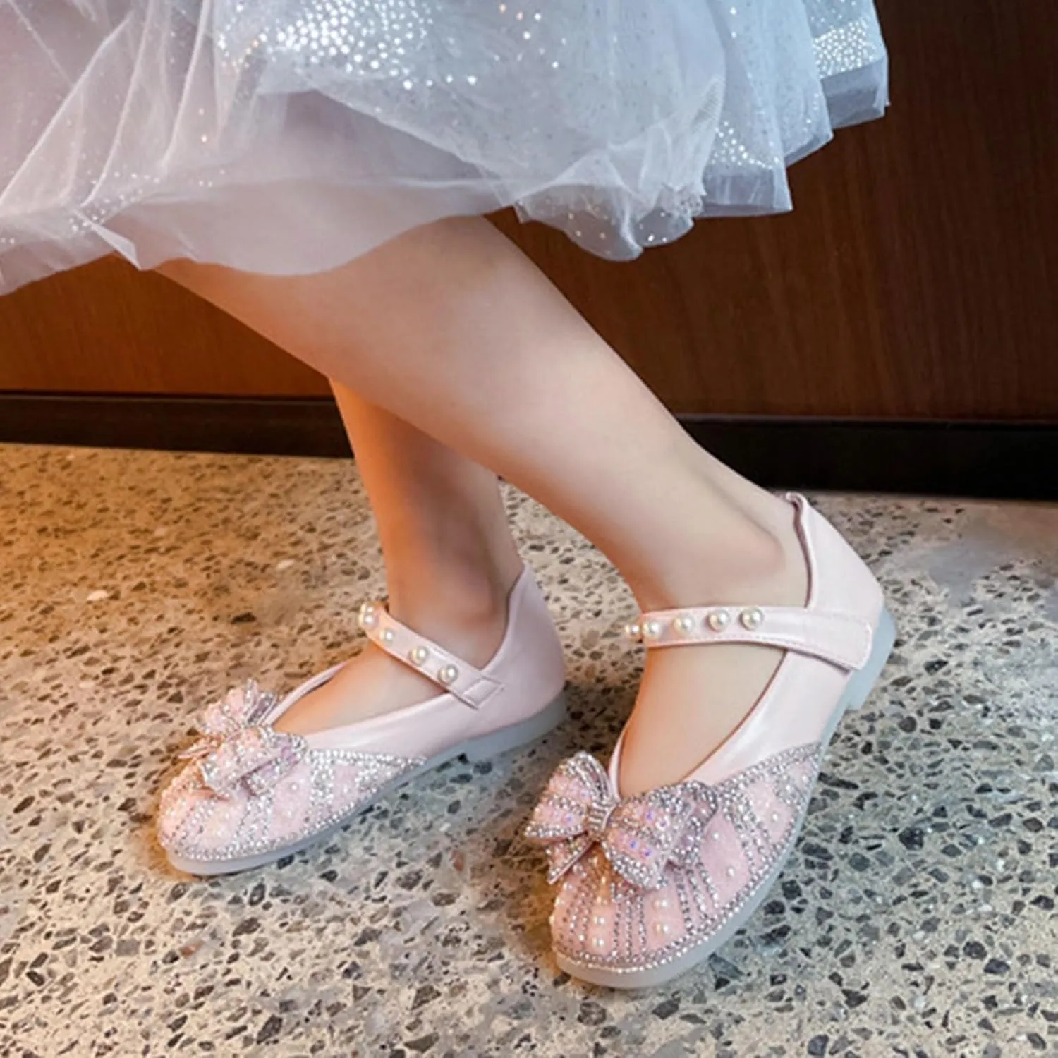 Toddler Flower Girl Dress Shoes Rhinstones Pearls Bow Ballet Flats Wedding Party Girls Toddler Mary Jane