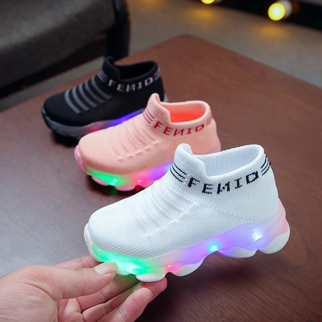 Toddler Light Up Sock Shoes Kids Boys Girls Mesh Flashing Breathable Sneakers Soft Sport Walking Running Shoes