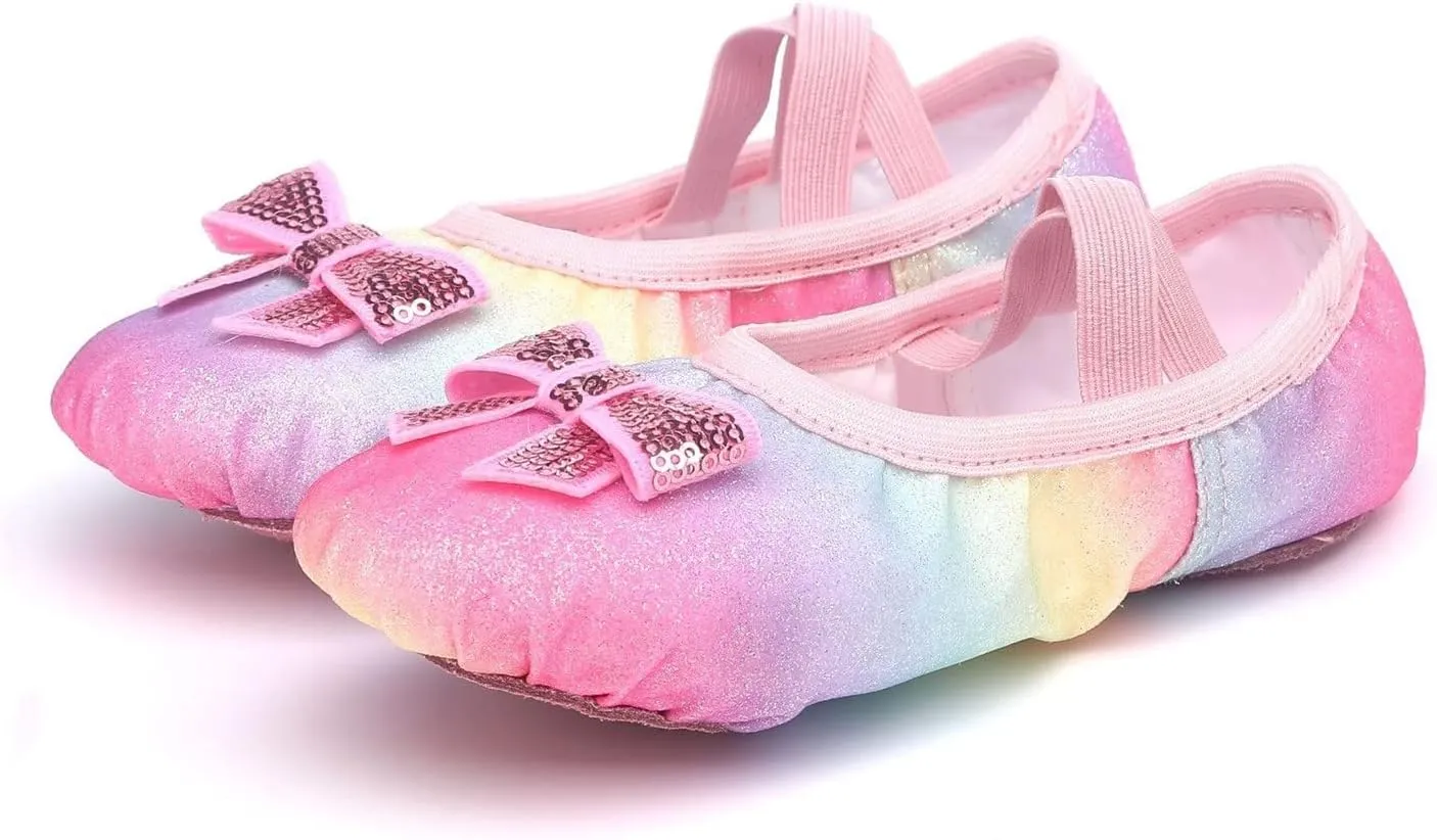 Toddler/Little/Big Kid Tie-Dye Colorful Ballet Shoes with ink Glitter Bow for Ballet Performance Yoga Dance Indoor Shoes