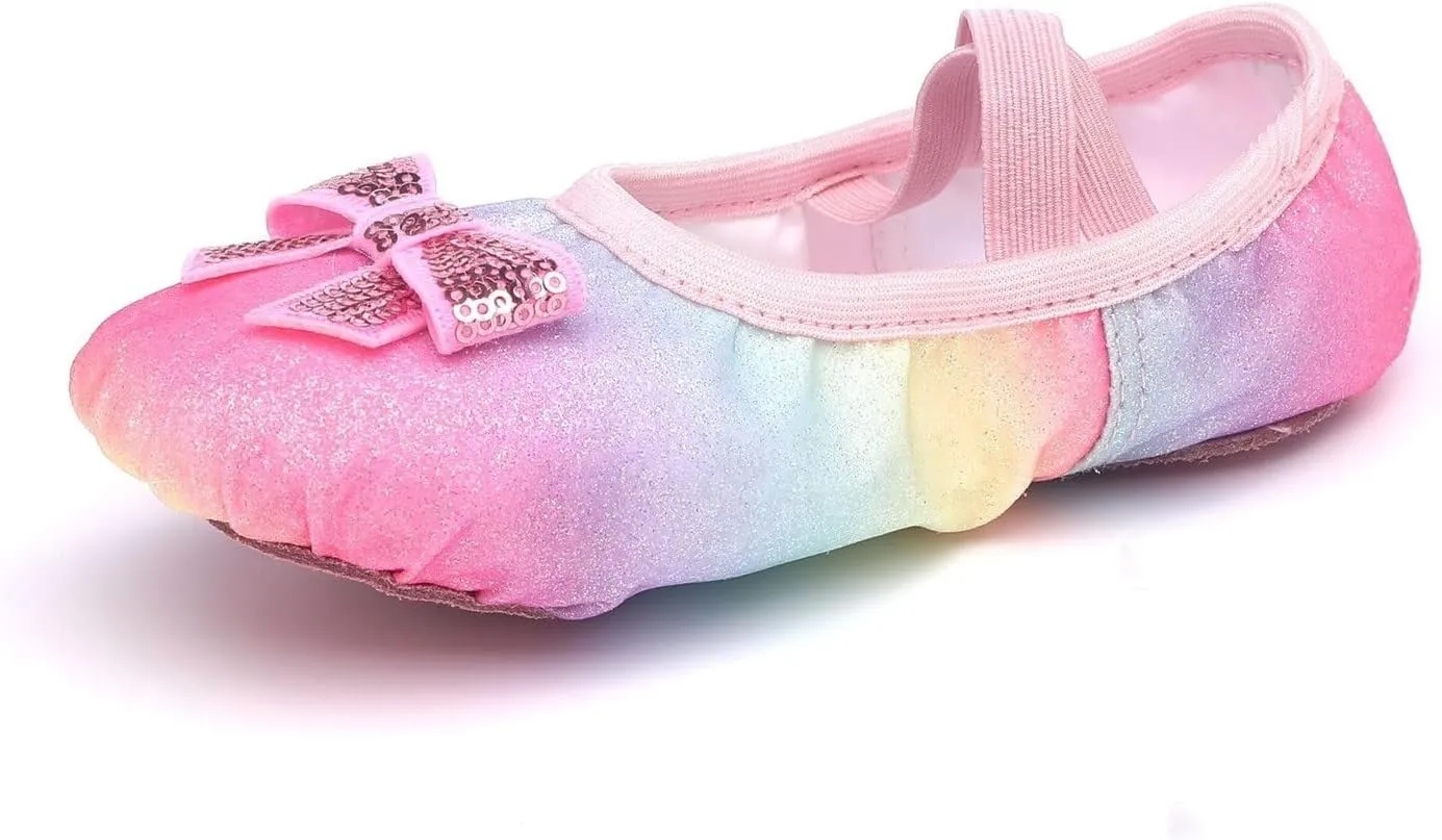 Toddler/Little/Big Kid Tie-Dye Colorful Ballet Shoes with ink Glitter Bow for Ballet Performance Yoga Dance Indoor Shoes