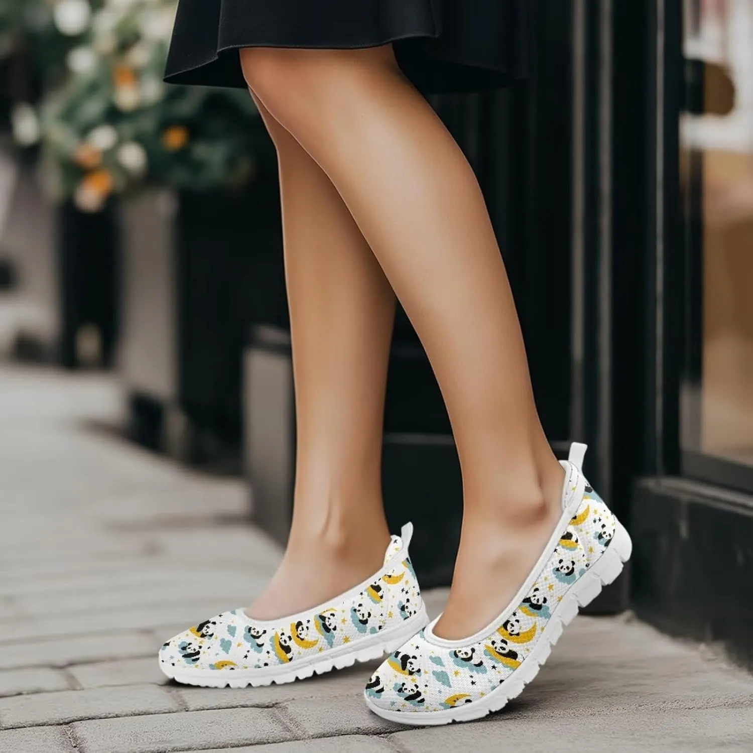 Various Creative Panda Print Womens Flats Comfortable Dressy Slip On Ballet Shoes Lightweight Stylish Mesh Casual Sneakers Daily Wear