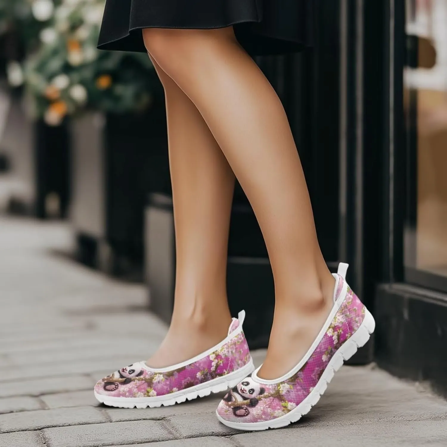 Various Creative Panda Print Womens Flats Comfortable Dressy Slip On Ballet Shoes Lightweight Stylish Mesh Casual Sneakers Daily Wear