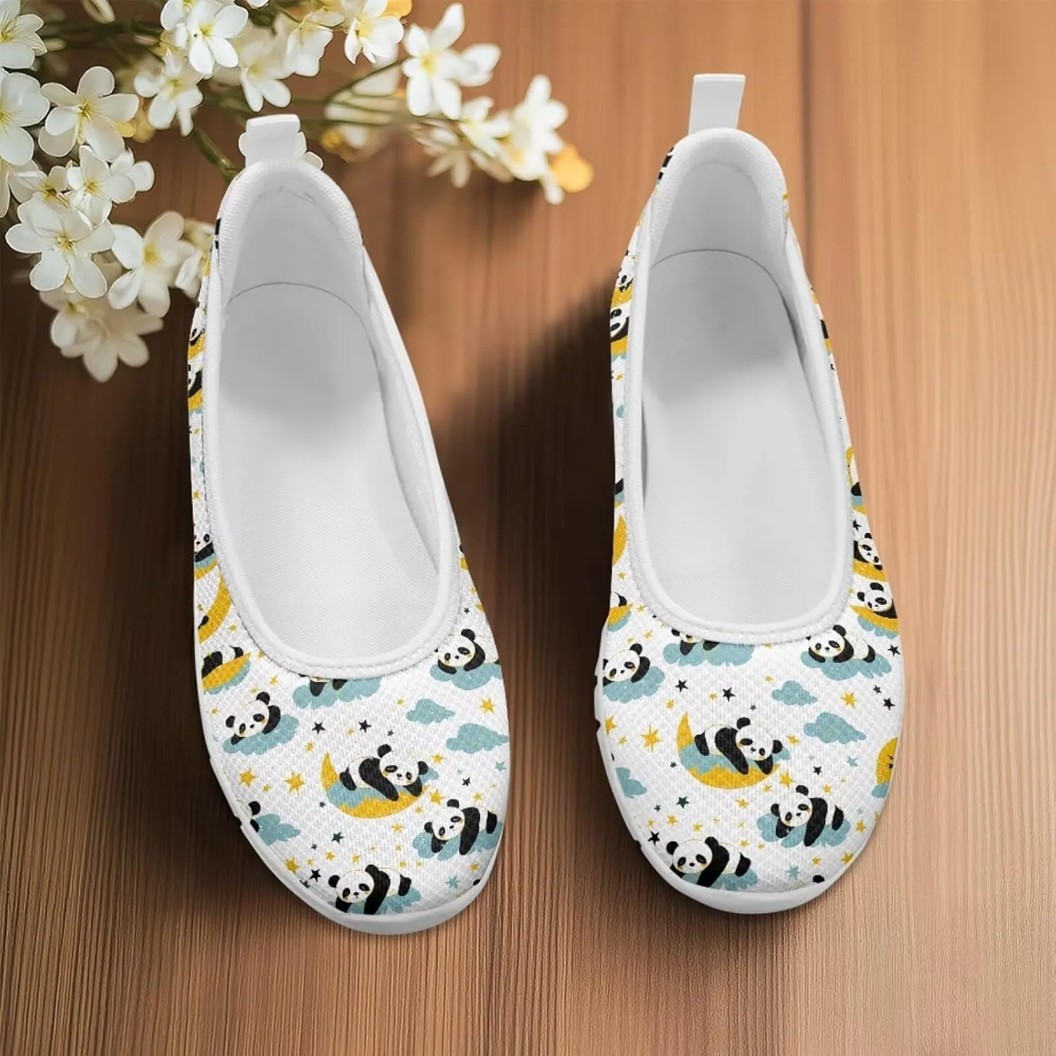 Various Creative Panda Print Womens Flats Comfortable Dressy Slip On Ballet Shoes Lightweight Stylish Mesh Casual Sneakers Daily Wear