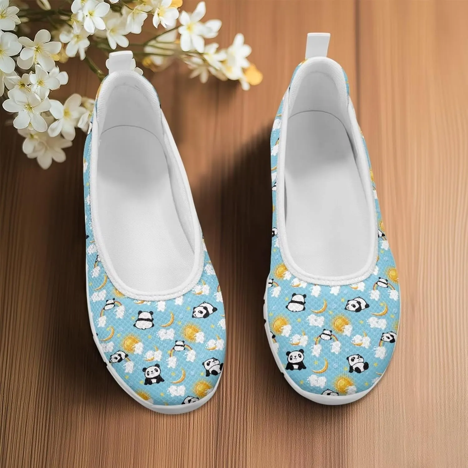 Various Creative Panda Print Womens Flats Comfortable Dressy Slip On Ballet Shoes Lightweight Stylish Mesh Casual Sneakers Daily Wear