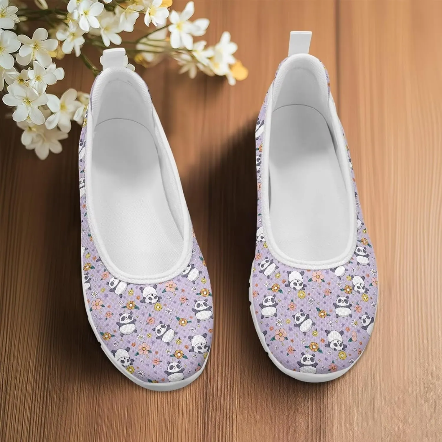 Various Creative Panda Print Womens Flats Comfortable Dressy Slip On Ballet Shoes Lightweight Stylish Mesh Casual Sneakers Daily Wear