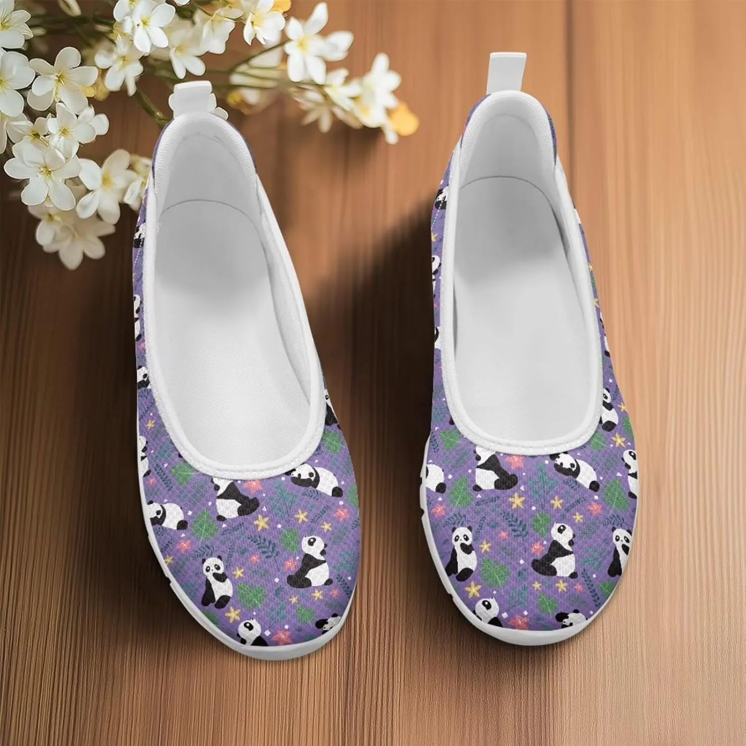 Various Creative Panda Print Womens Flats Comfortable Dressy Slip On Ballet Shoes Lightweight Stylish Mesh Casual Sneakers Daily Wear