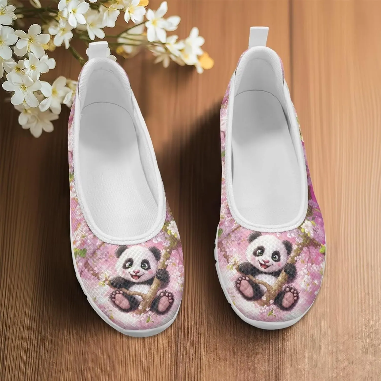 Various Creative Panda Print Womens Flats Comfortable Dressy Slip On Ballet Shoes Lightweight Stylish Mesh Casual Sneakers Daily Wear