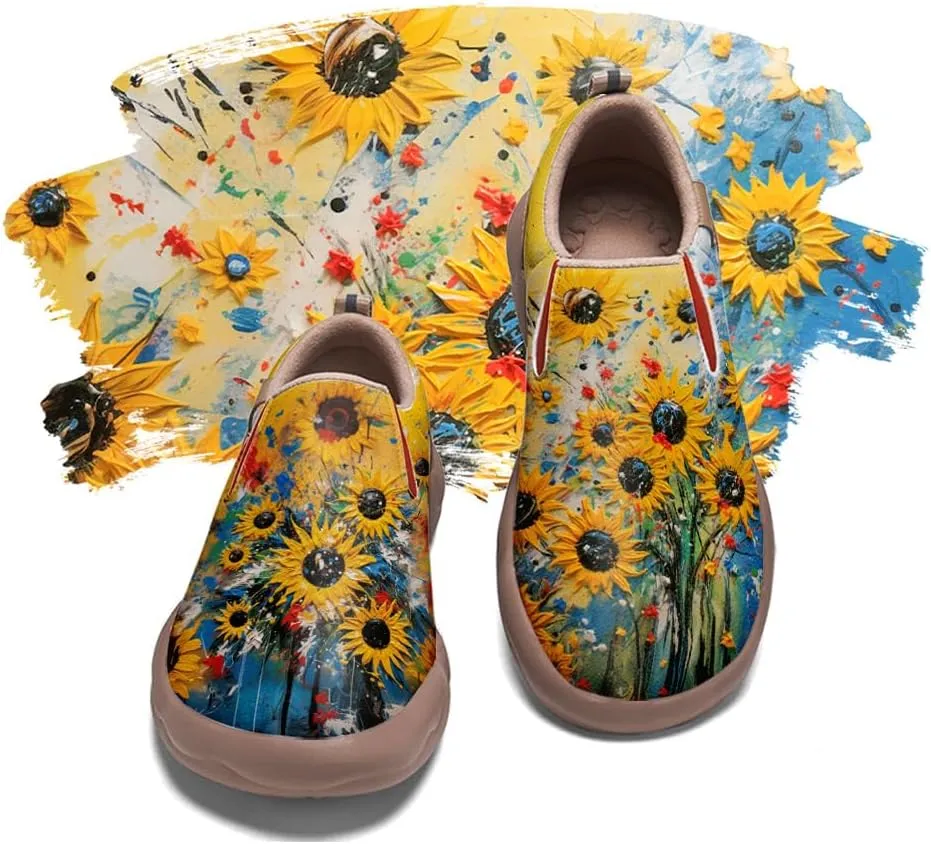 Walking Shoes for Women Slip Ons Casual Leather Loafers Comfortable Art Painted Travel Sneaker Sunflowers