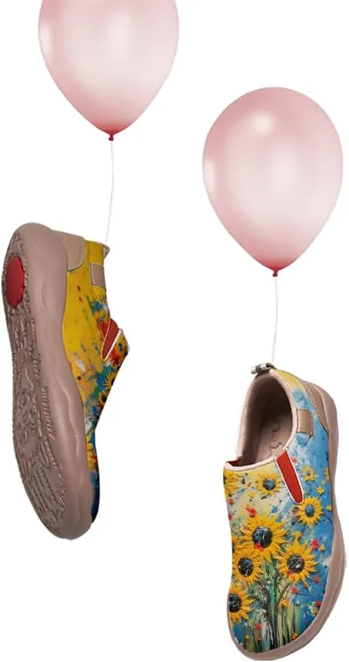 Walking Shoes for Women Slip Ons Casual Leather Loafers Comfortable Art Painted Travel Sneaker Sunflowers