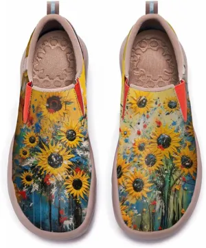 Walking Shoes for Women Slip Ons Casual Leather Loafers Comfortable Art Painted Travel Sneaker Sunflowers