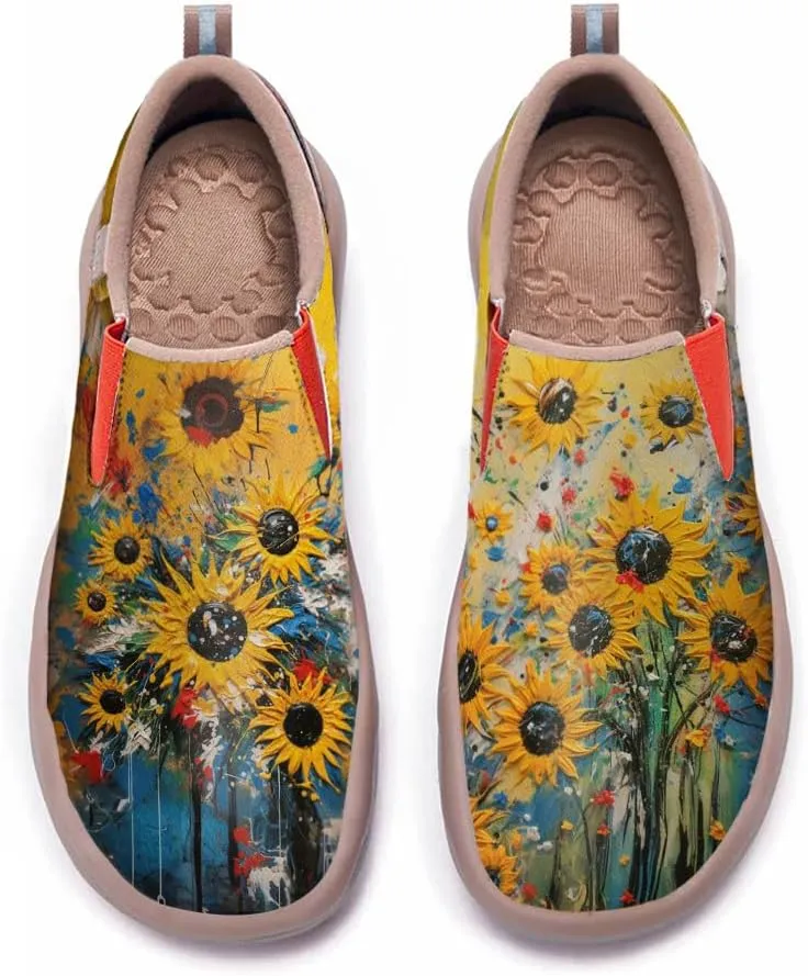 Walking Shoes for Women Slip Ons Casual Leather Loafers Comfortable Art Painted Travel Sneaker Sunflowers
