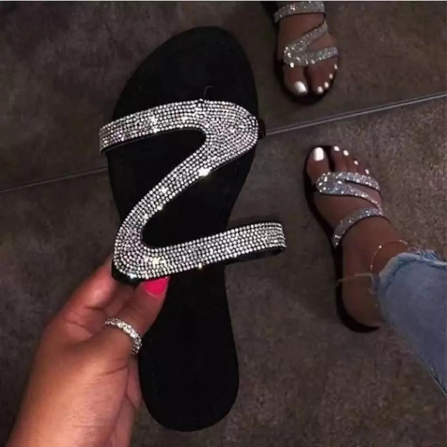 Wide Width Sandals for Women Dressy Comfy Platform Flat Open Toe Casual Summer Slippers Comfortable Rhinestone Beaded Sparkly Bling Sandal Gladiator Beach Travel Fashion Slipper Flip Flops