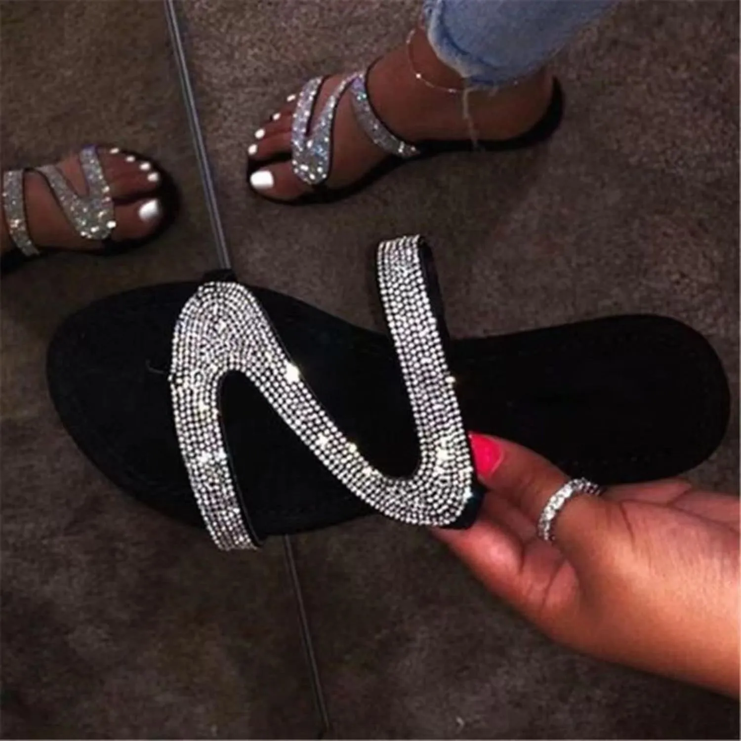 Wide Width Sandals for Women Dressy Comfy Platform Flat Open Toe Casual Summer Slippers Comfortable Rhinestone Beaded Sparkly Bling Sandal Gladiator Beach Travel Fashion Slipper Flip Flops