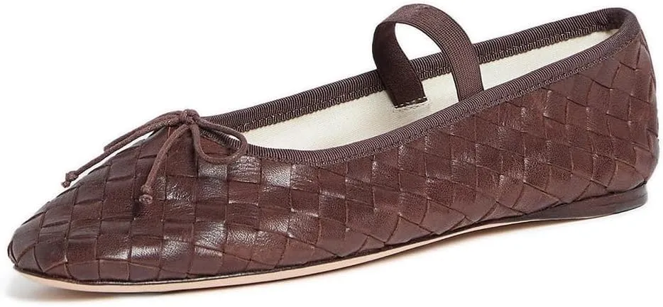 Women Woven Ballet Flats Round Toe Mary Jane Shoes Casual Comfortable Dressy Shoes with Bow