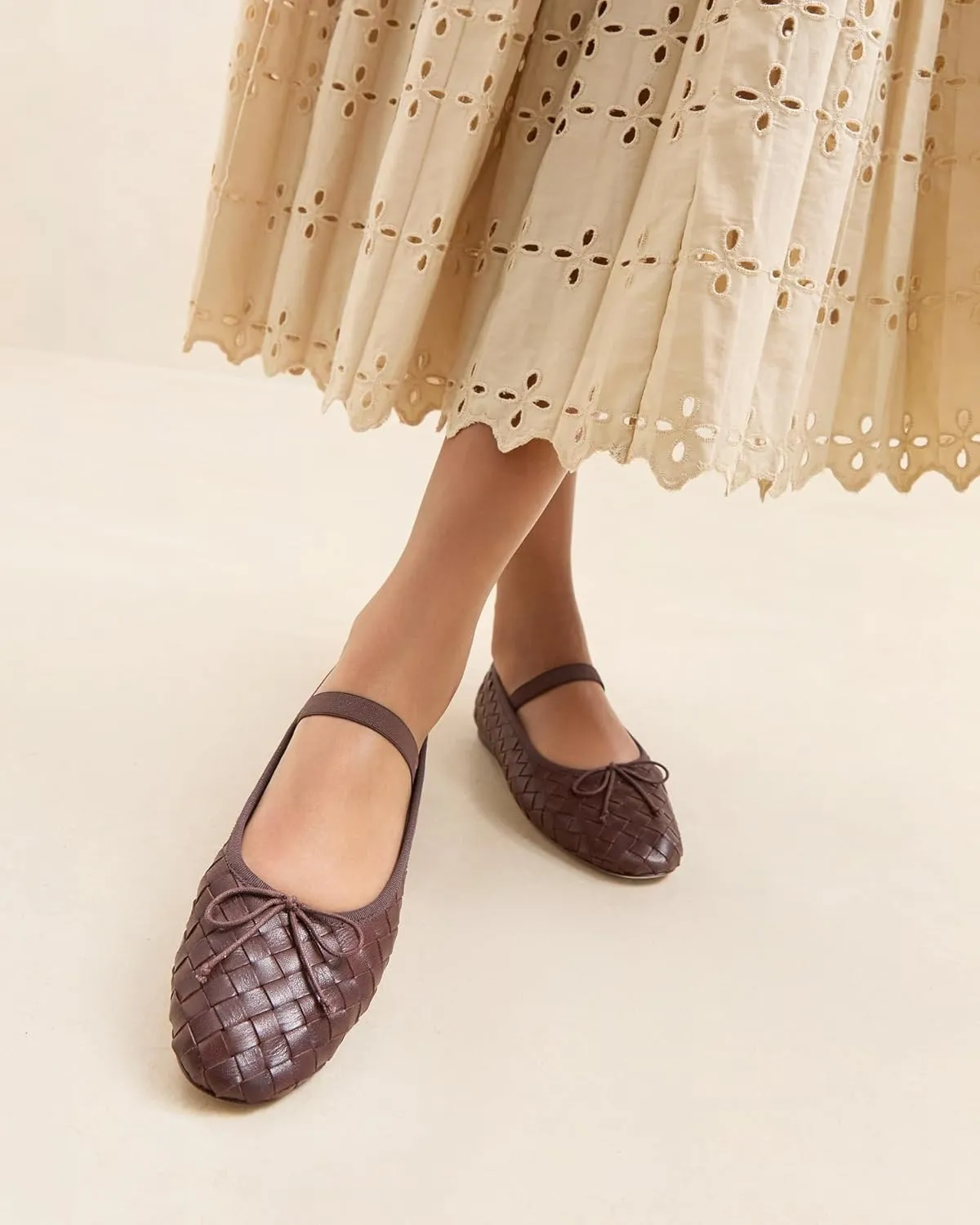Women Woven Ballet Flats Round Toe Mary Jane Shoes Casual Comfortable Dressy Shoes with Bow