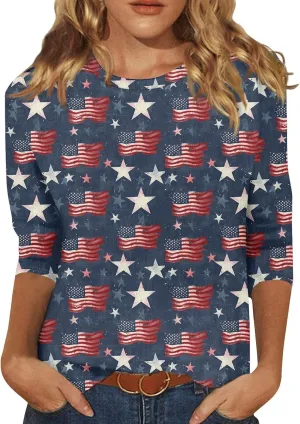 Womens 4Th of July Shirts Tops Plus Size American Flag Tshirt 3/4 Length Sleeve Trendy Oversized Sweatshirts Blouses