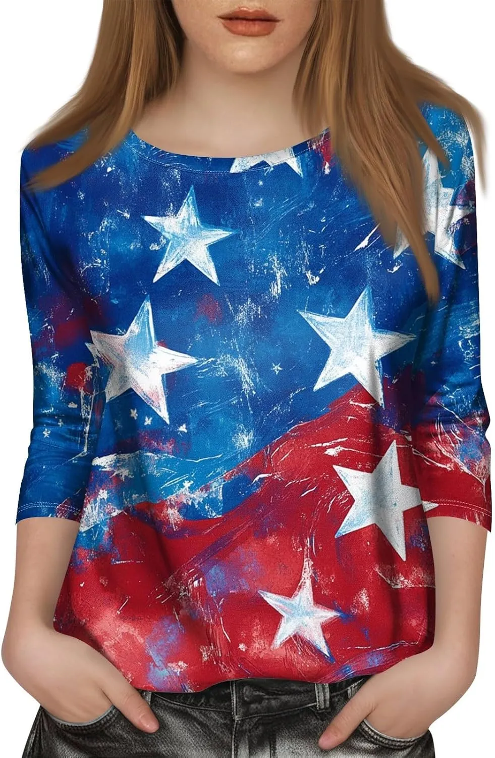Womens 4Th of July Shirts Tops Plus Size American Flag Tshirt 3/4 Length Sleeve Trendy Oversized Sweatshirts Blouses