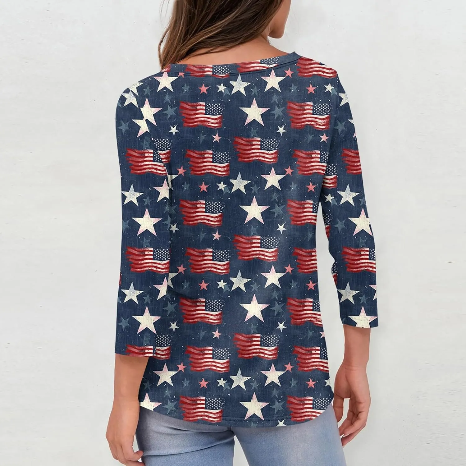 Womens 4Th of July Shirts Tops Plus Size American Flag Tshirt 3/4 Length Sleeve Trendy Oversized Sweatshirts Blouses