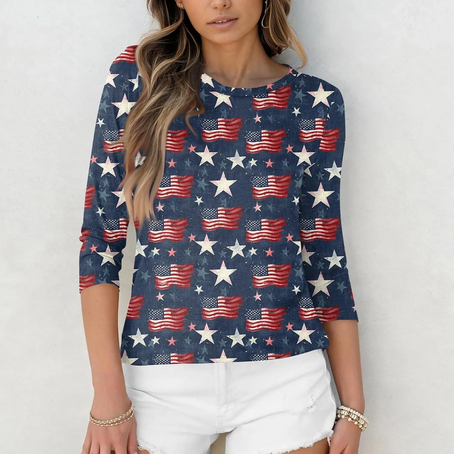 Womens 4Th of July Shirts Tops Plus Size American Flag Tshirt 3/4 Length Sleeve Trendy Oversized Sweatshirts Blouses