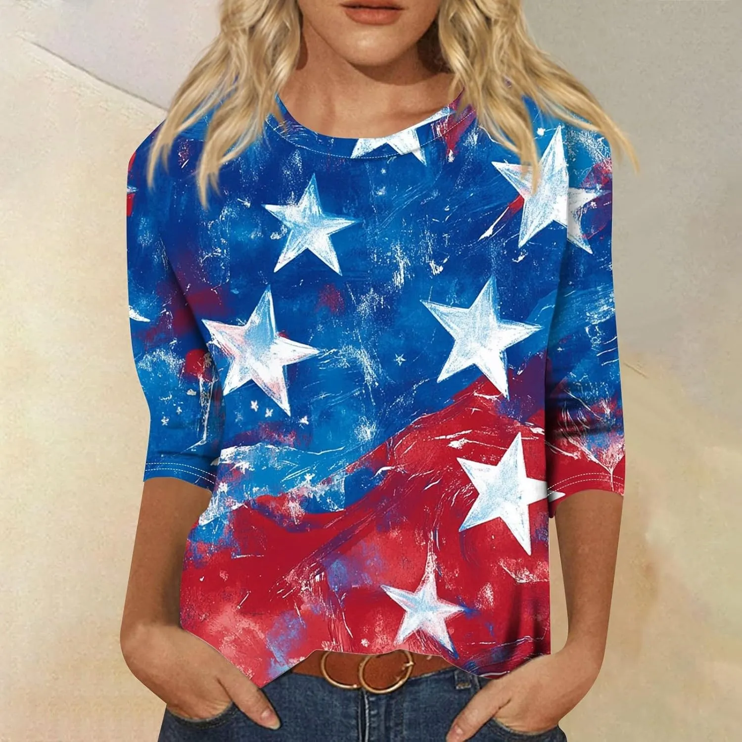 Womens 4Th of July Shirts Tops Plus Size American Flag Tshirt 3/4 Length Sleeve Trendy Oversized Sweatshirts Blouses