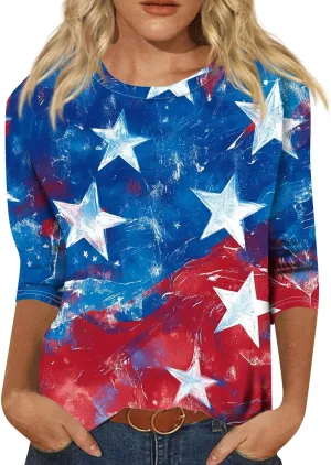 Womens 4Th of July Shirts Tops Plus Size American Flag Tshirt 3/4 Length Sleeve Trendy Oversized Sweatshirts Blouses