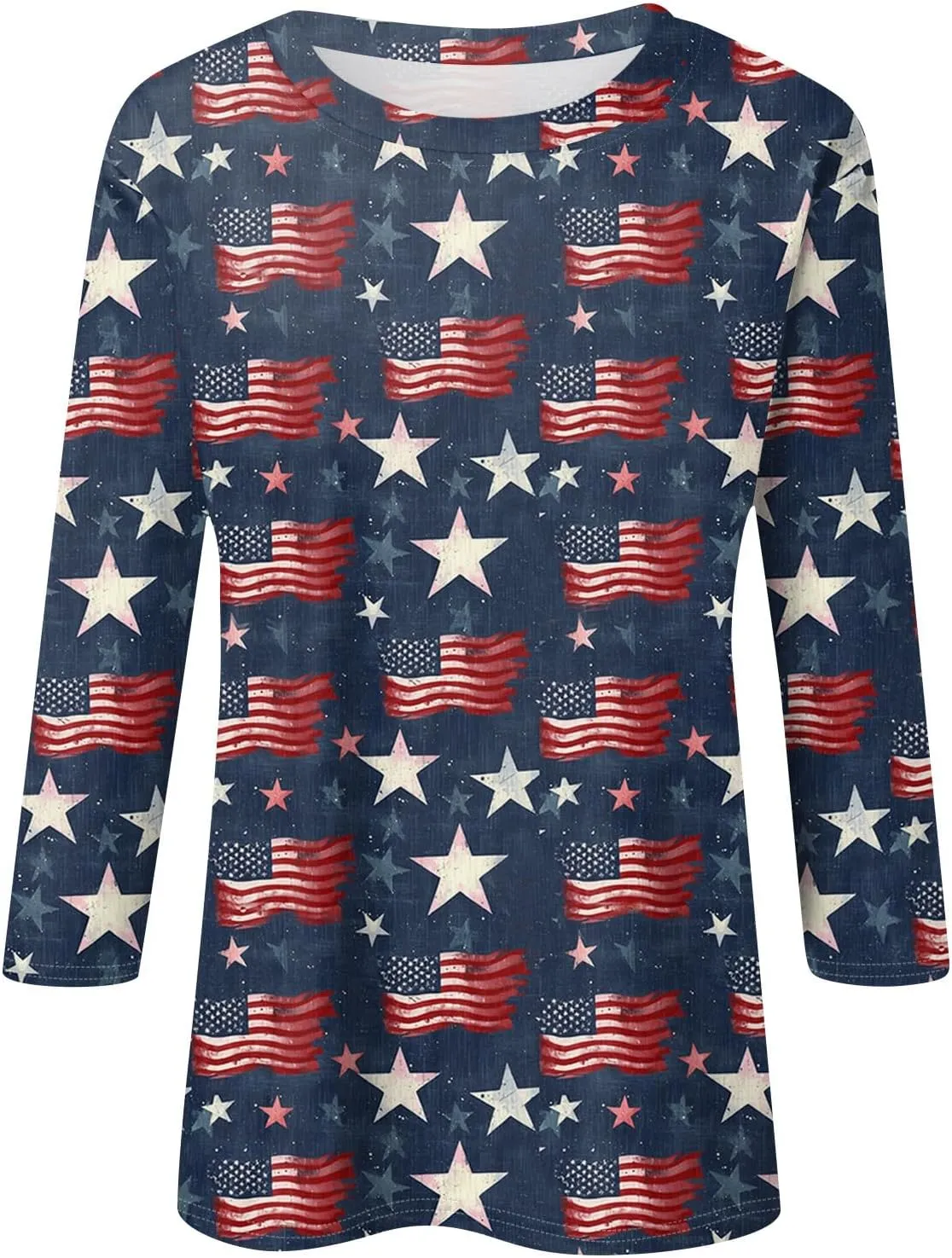 Womens 4Th of July Shirts Tops Plus Size American Flag Tshirt 3/4 Length Sleeve Trendy Oversized Sweatshirts Blouses