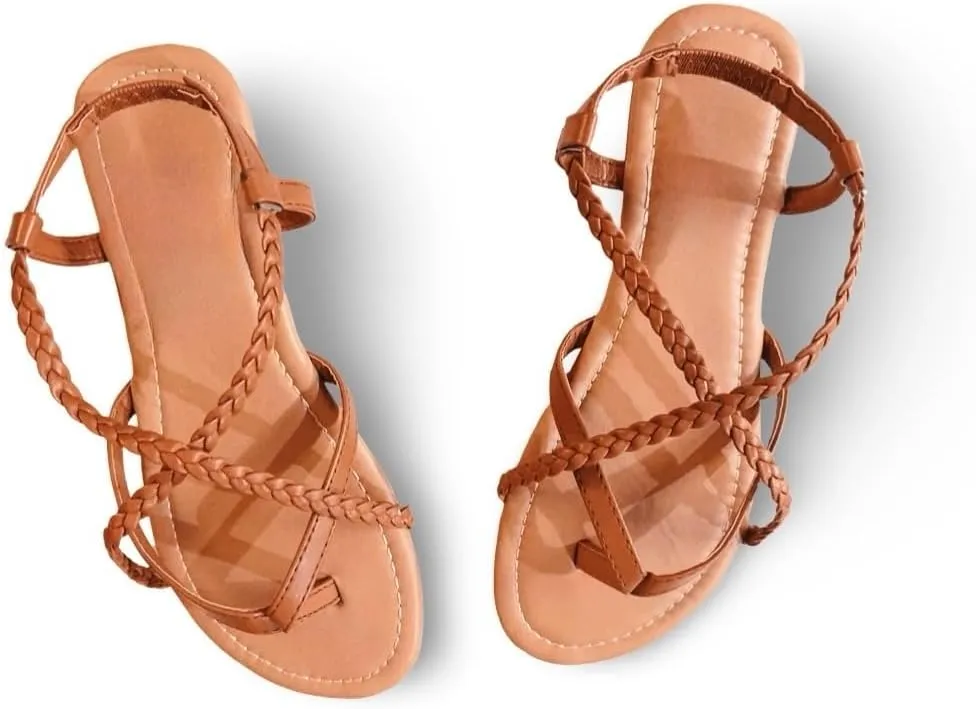 Women's Braided Strap Flat Sandals  Comfortable Open-Toe Slip-On Gladiator Sandals with Back Strap, Casual Summer Footwear