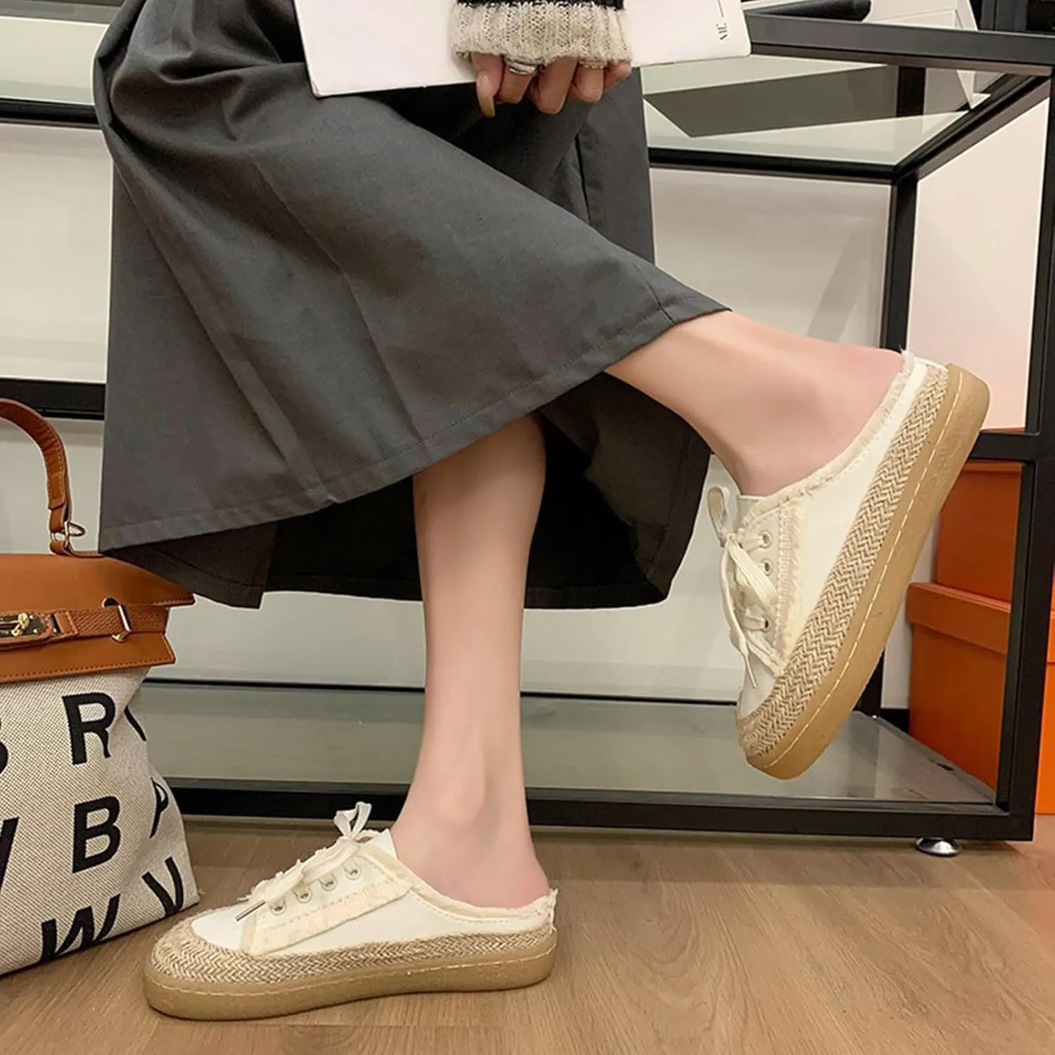 Womens Espadrille Flats Canvas Mule Slip on Shoes Backless Sneakers Casual Comfortable Loafers