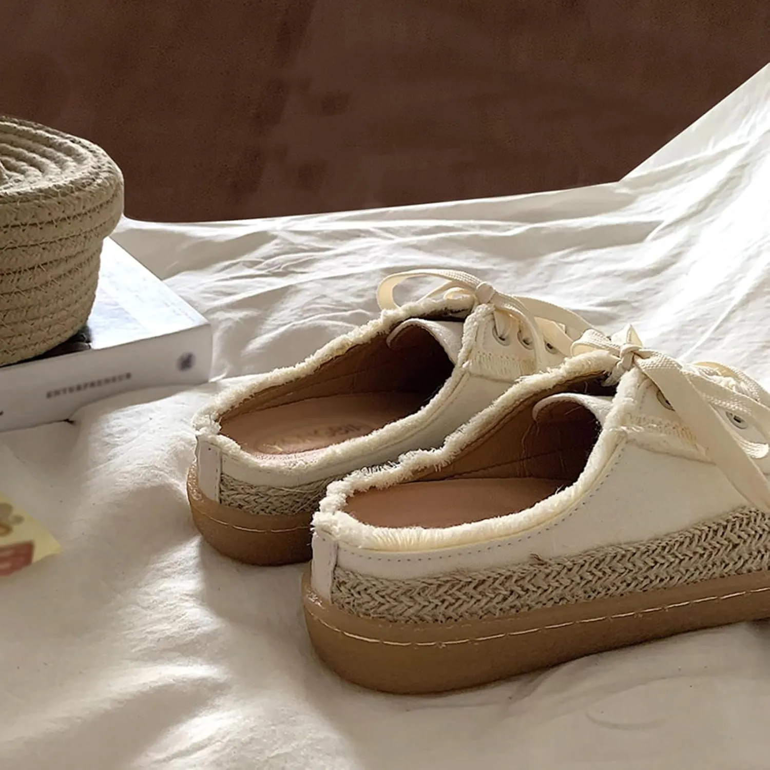Womens Espadrille Flats Canvas Mule Slip on Shoes Backless Sneakers Casual Comfortable Loafers