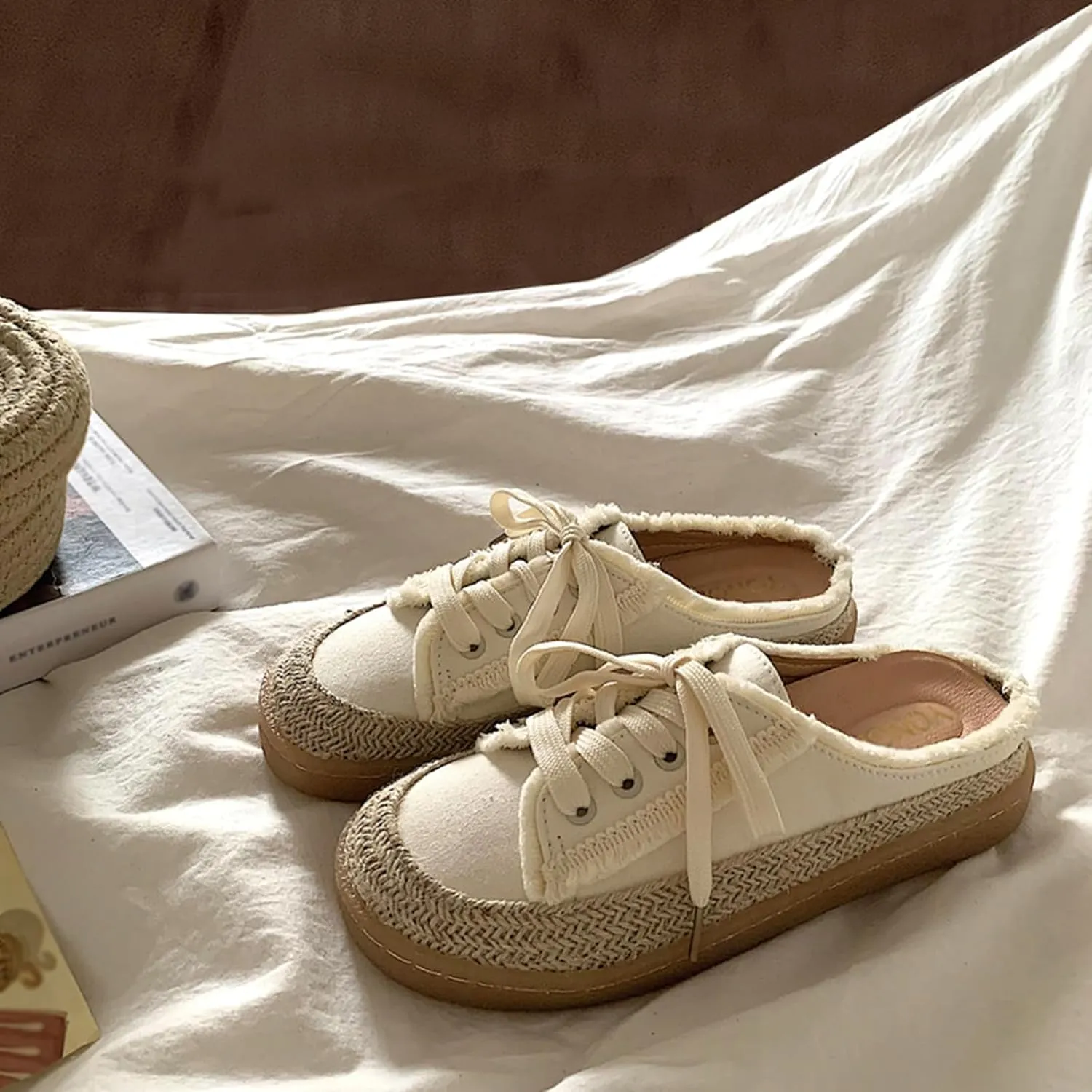 Womens Espadrille Flats Canvas Mule Slip on Shoes Backless Sneakers Casual Comfortable Loafers
