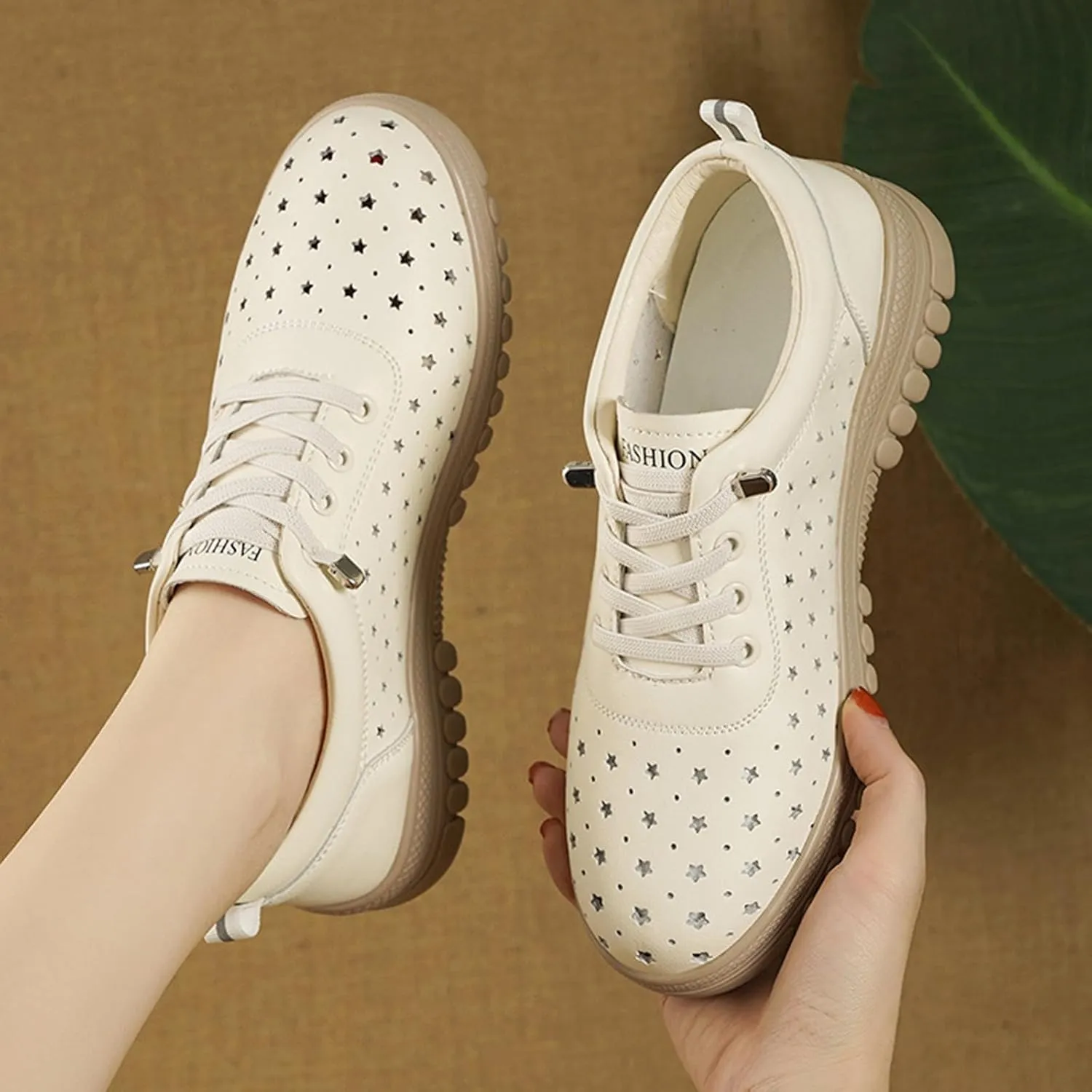 Women's Leather Hollow Lace Up Flat Fashion Sneakers Comfortable Round-Toe Slip On Casual Shoes Lightweight Breathable Outdoor Travel Walking Shoes
