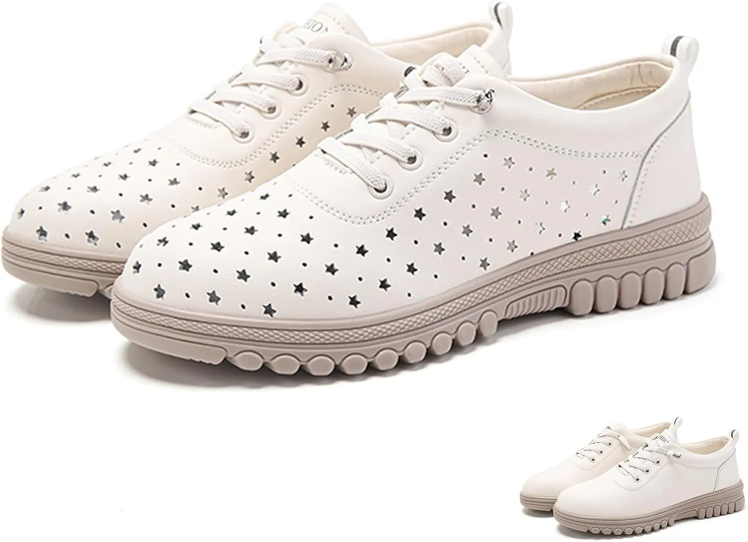 Women's Leather Hollow Lace Up Flat Fashion Sneakers Comfortable Round-Toe Slip On Casual Shoes Lightweight Breathable Outdoor Travel Walking Shoes