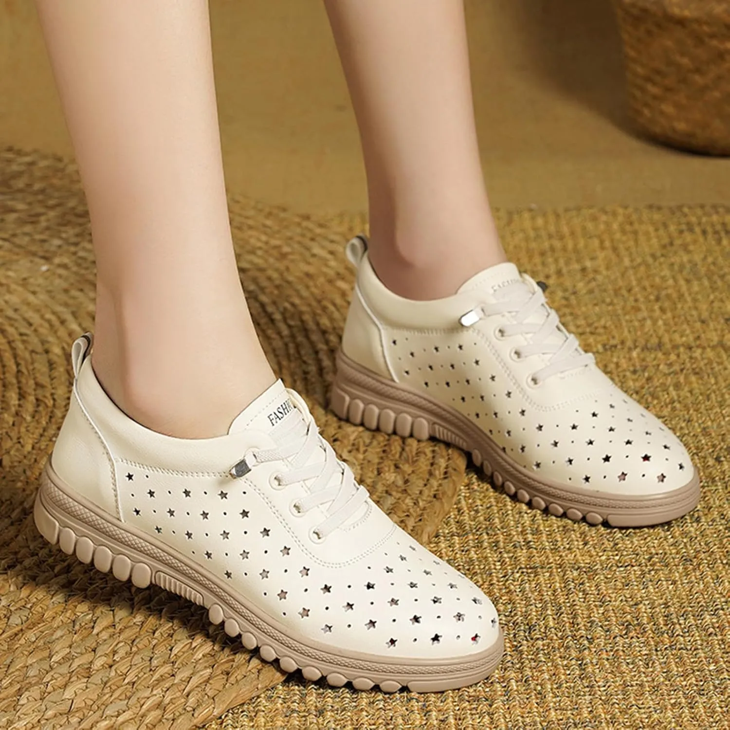Women's Leather Hollow Lace Up Flat Fashion Sneakers Comfortable Round-Toe Slip On Casual Shoes Lightweight Breathable Outdoor Travel Walking Shoes