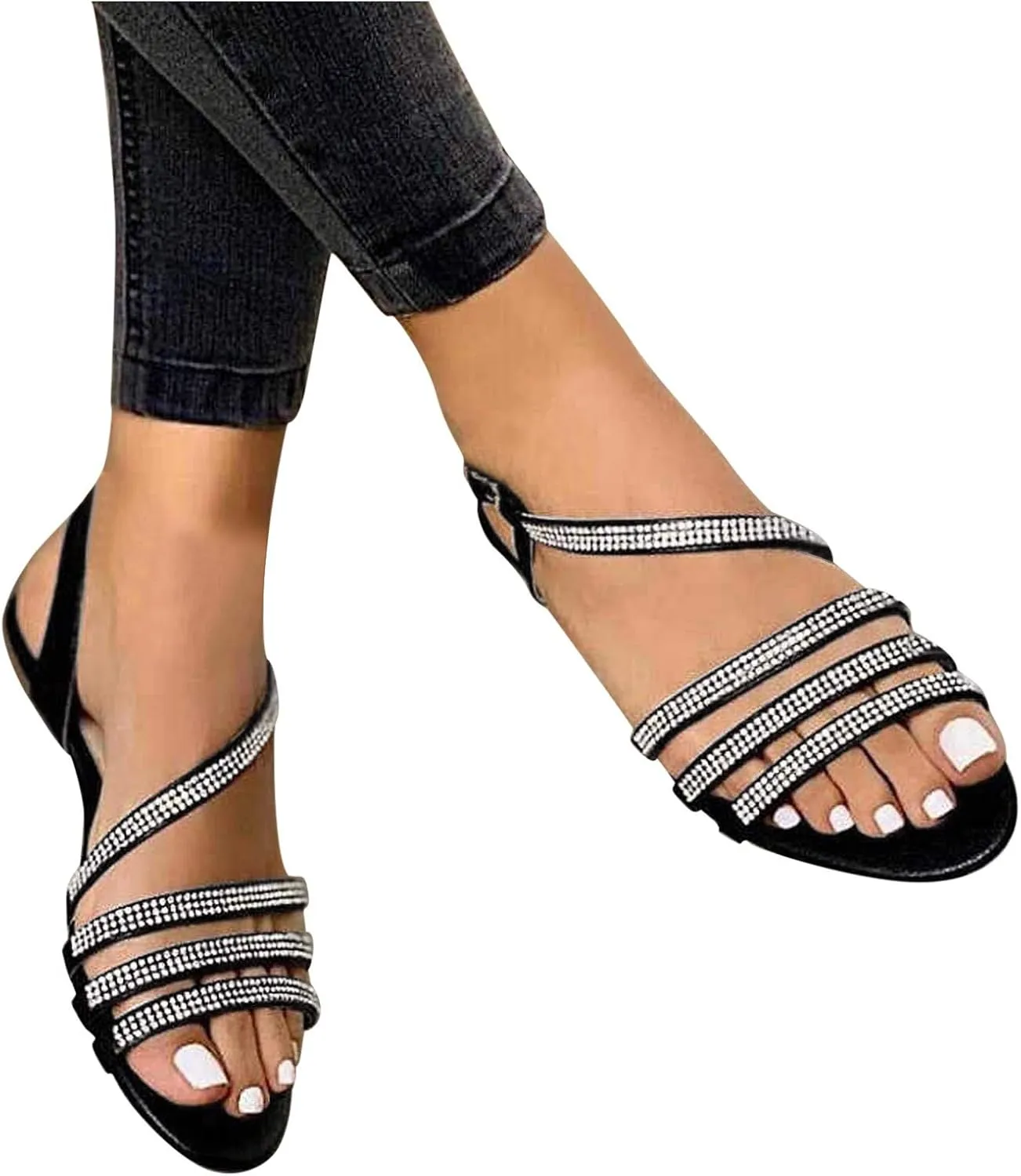 Womens Rhinestones Strap Flat Sandals Casual Summer Bling Open Toe Buckle Slipper Lightweight Comfortable Breathable Ladies Beach Roman Shoes