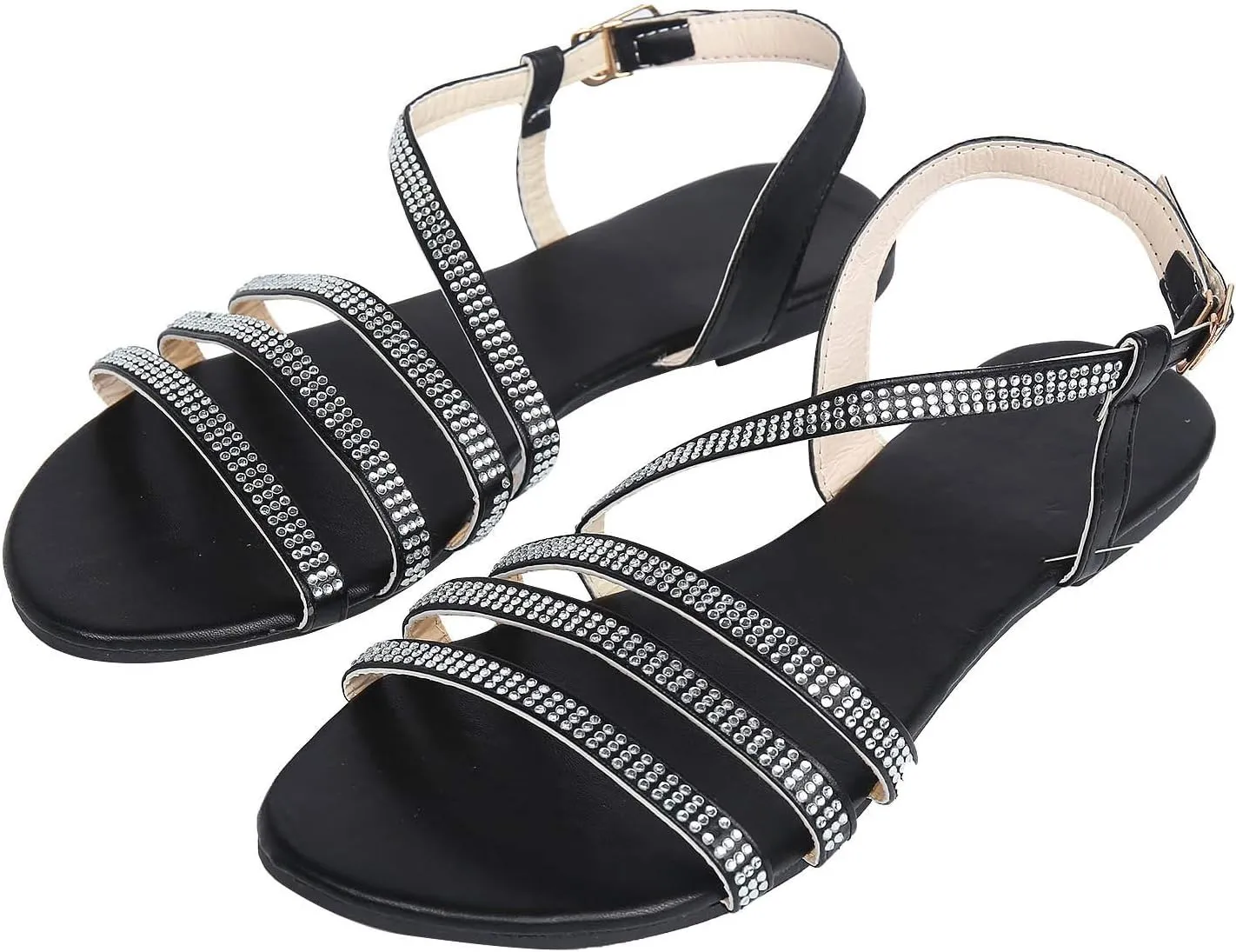 Womens Rhinestones Strap Flat Sandals Casual Summer Bling Open Toe Buckle Slipper Lightweight Comfortable Breathable Ladies Beach Roman Shoes